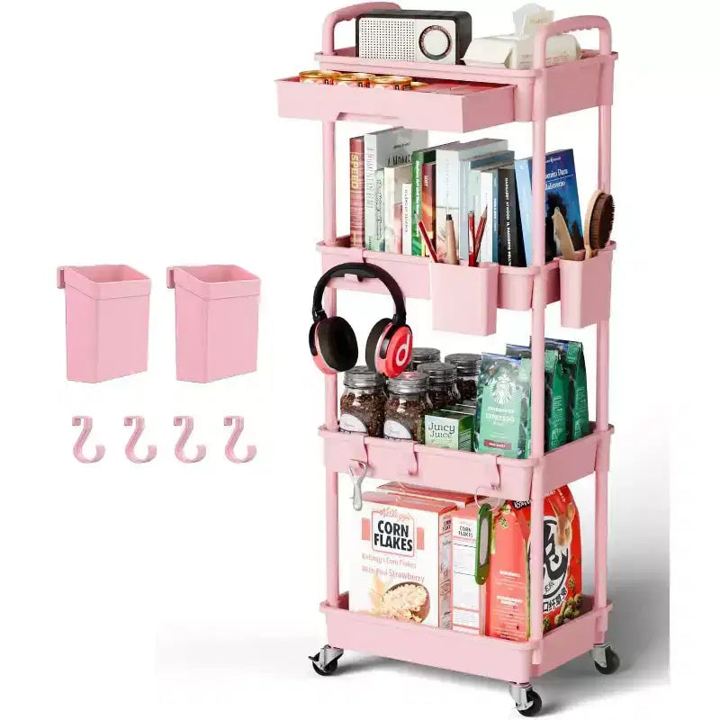 Chariot de rangement à roulettes 4 niveaux avec tiroir, Chariot de rangement en plastique avec roues, Roulettes verrouillables pour cuisine, salle de bain, bureau, chambre