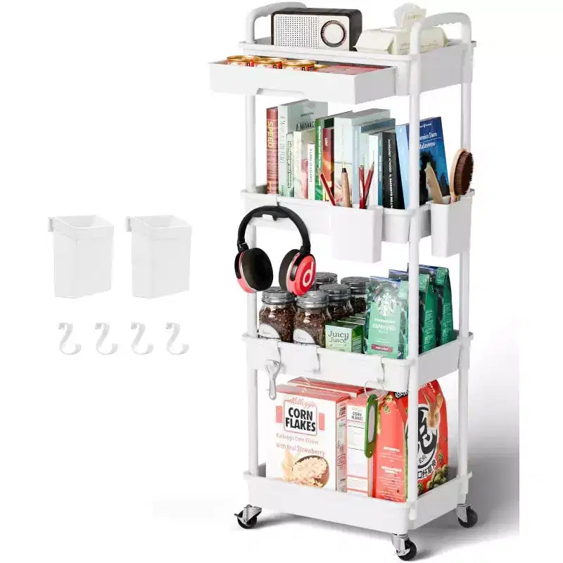 Chariot de rangement à roulettes 4 niveaux avec tiroir, Chariot de rangement en plastique avec roues, Roulettes verrouillables pour cuisine, salle de bain, bureau, chambre