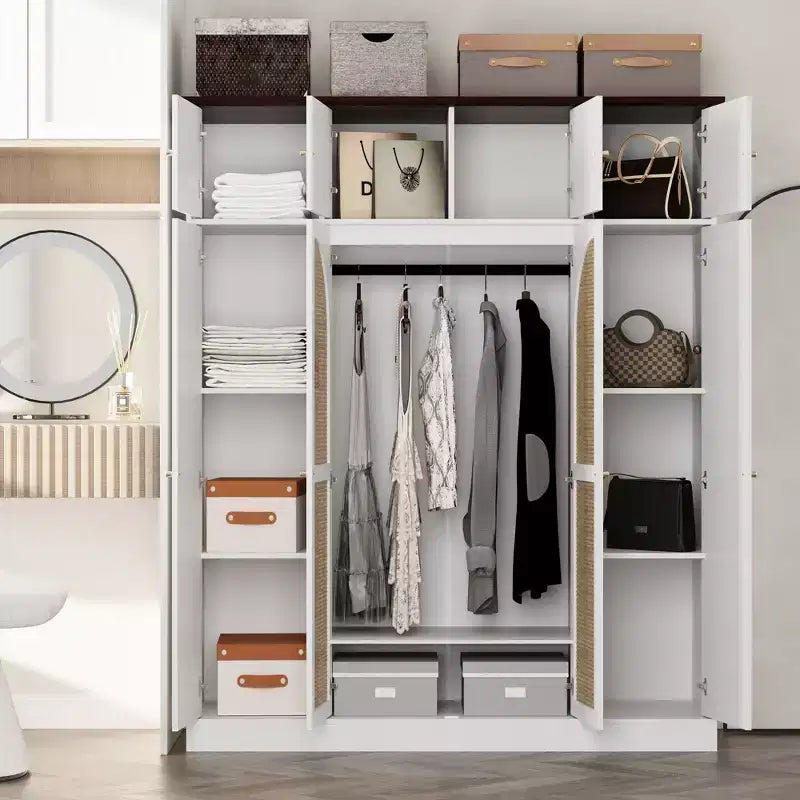 Armoire penderie grande capacité à 8 portes de 180 cm de haut avec tringle, étagères réglables et portes décoratives en rotin