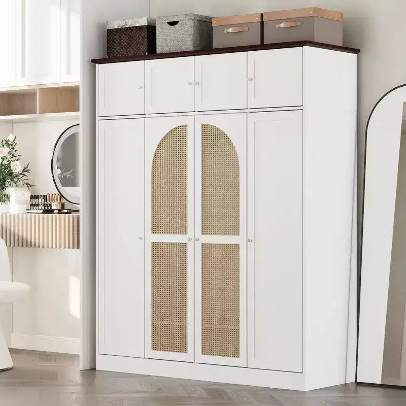 Armoire penderie grande capacité à 8 portes de 180 cm de haut avec tringle, étagères réglables et portes décoratives en rotin