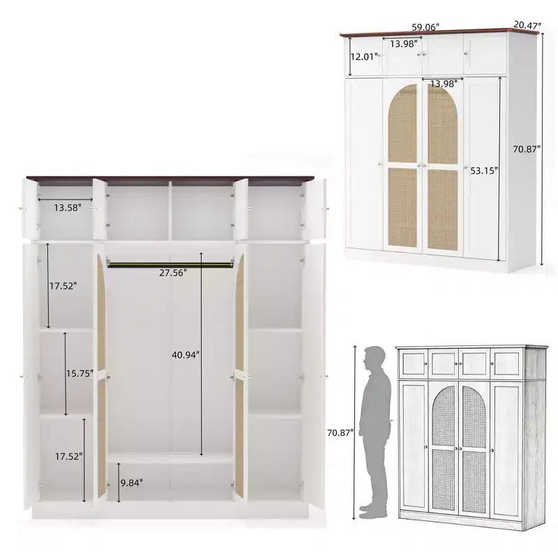 Armoire penderie grande capacité à 8 portes de 180 cm de haut avec tringle, étagères réglables et portes décoratives en rotin