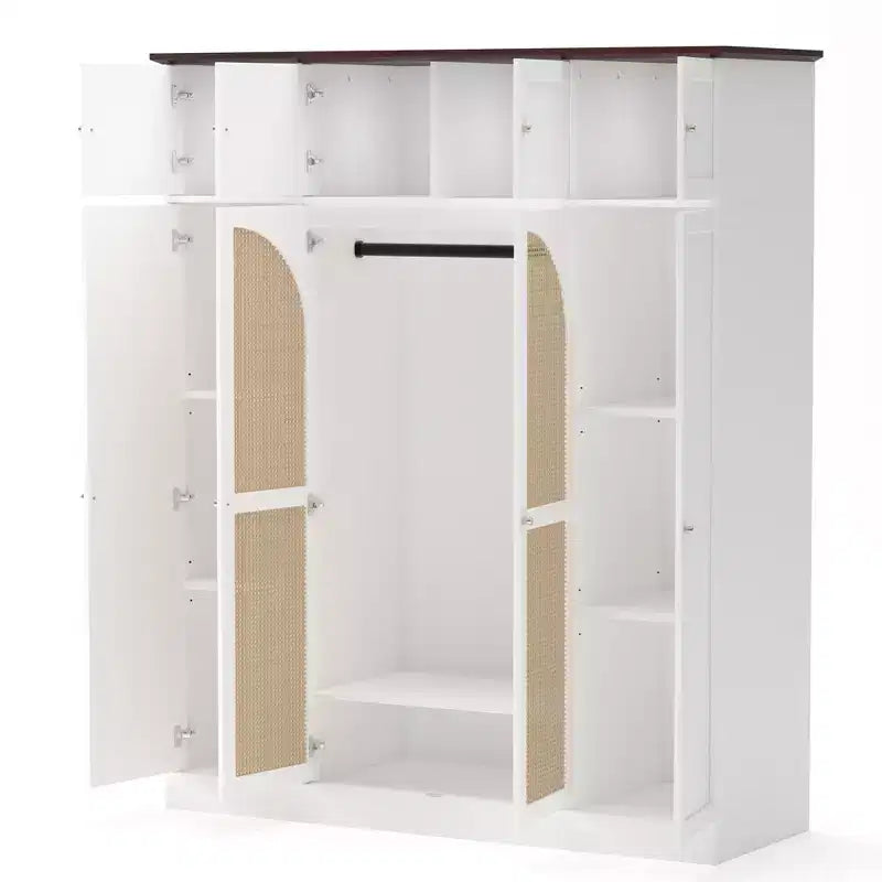 Armoire penderie grande capacité à 8 portes de 180 cm de haut avec tringle, étagères réglables et portes décoratives en rotin