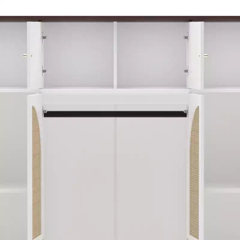 Armoire penderie grande capacité à 8 portes de 180 cm de haut avec tringle, étagères réglables et portes décoratives en rotin