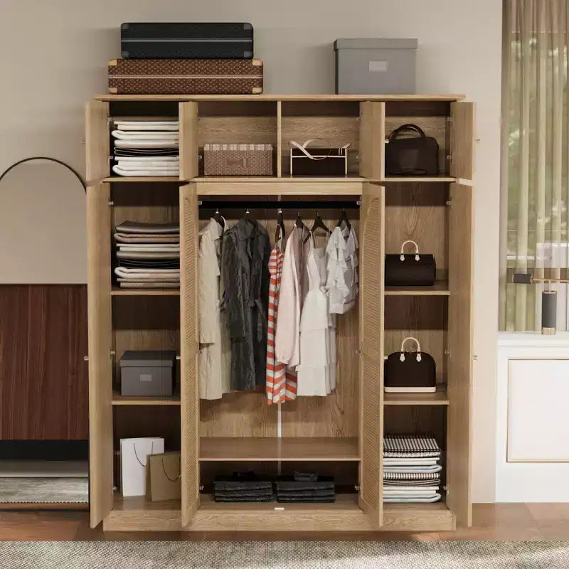 Armoire penderie grande capacité à 8 portes de 180 cm de haut avec tringle, étagères réglables et portes décoratives en rotin