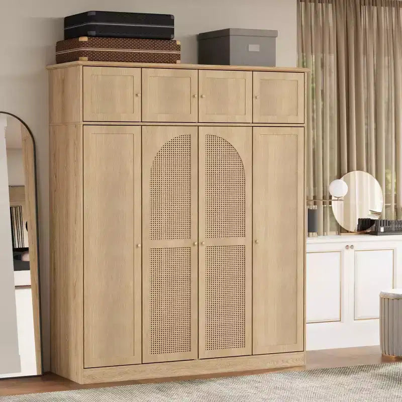 Armoire penderie grande capacité à 8 portes de 180 cm de haut avec tringle, étagères réglables et portes décoratives en rotin