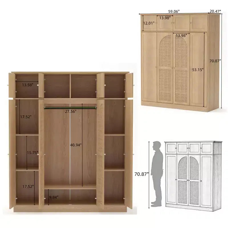 Armoire penderie grande capacité à 8 portes de 180 cm de haut avec tringle, étagères réglables et portes décoratives en rotin