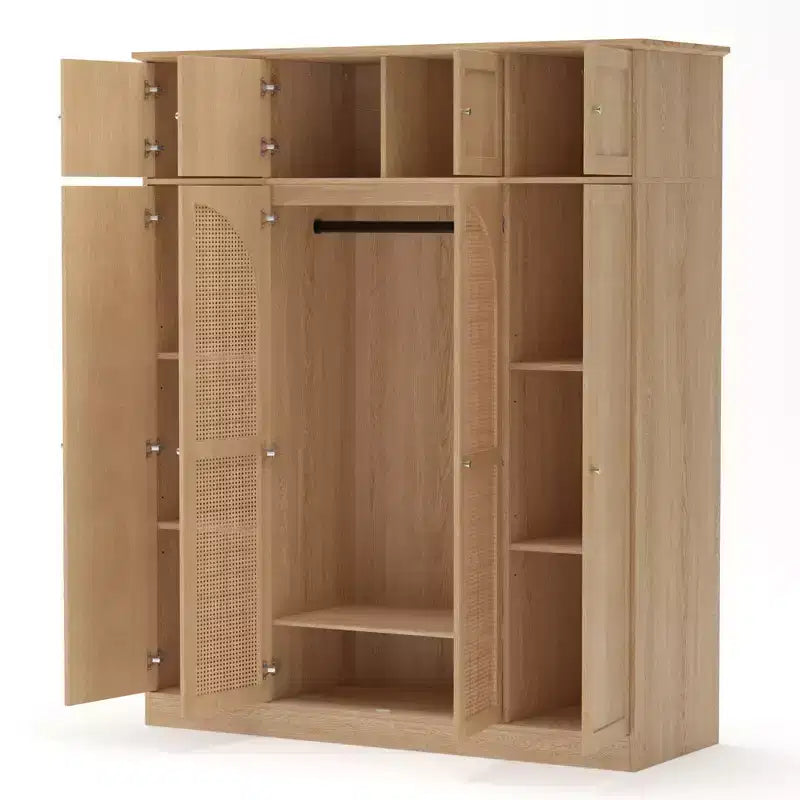 Armoire penderie grande capacité à 8 portes de 180 cm de haut avec tringle, étagères réglables et portes décoratives en rotin