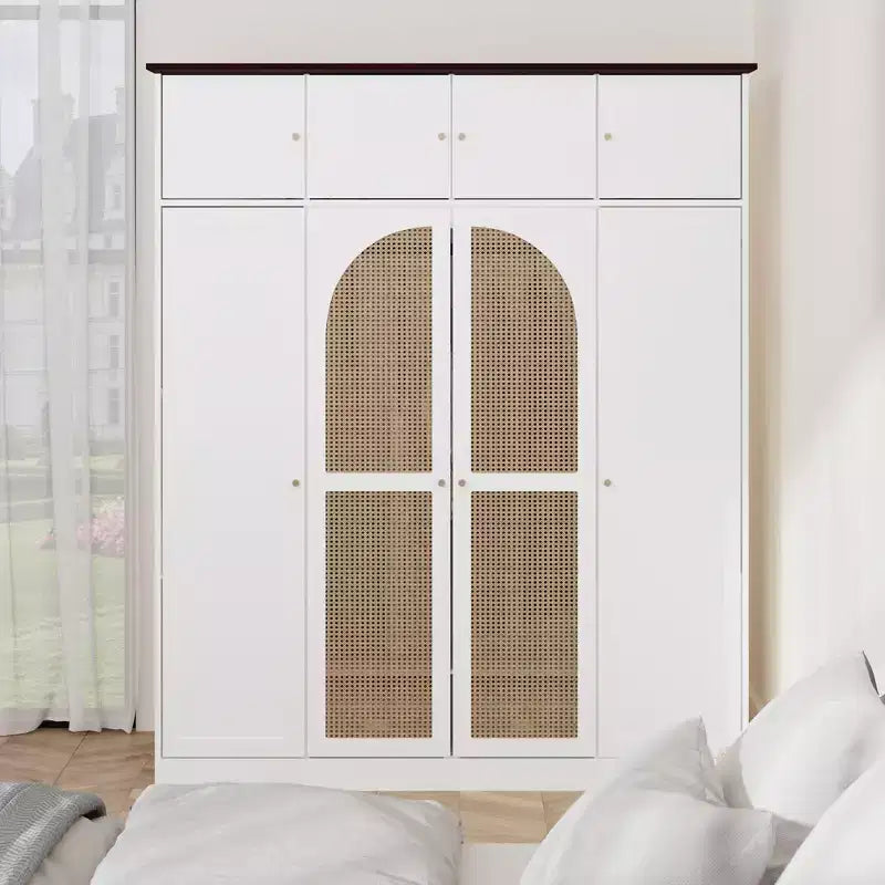 Armoire penderie grande capacité à 8 portes de 180 cm de haut avec tringle, étagères réglables et portes décoratives en rotin