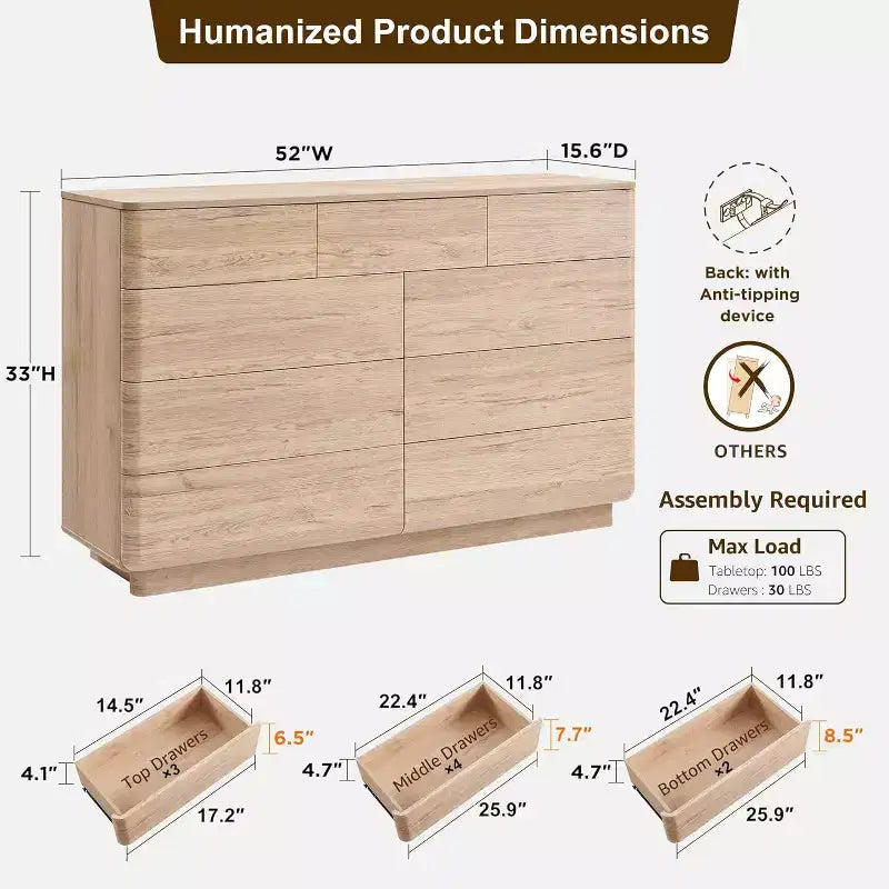 Commode à 9 tiroirs, chiffonnier en bois de 132 cm de large avec grand espace de rangement et design sans poignée, meuble TV moderne et organisateur de rangement