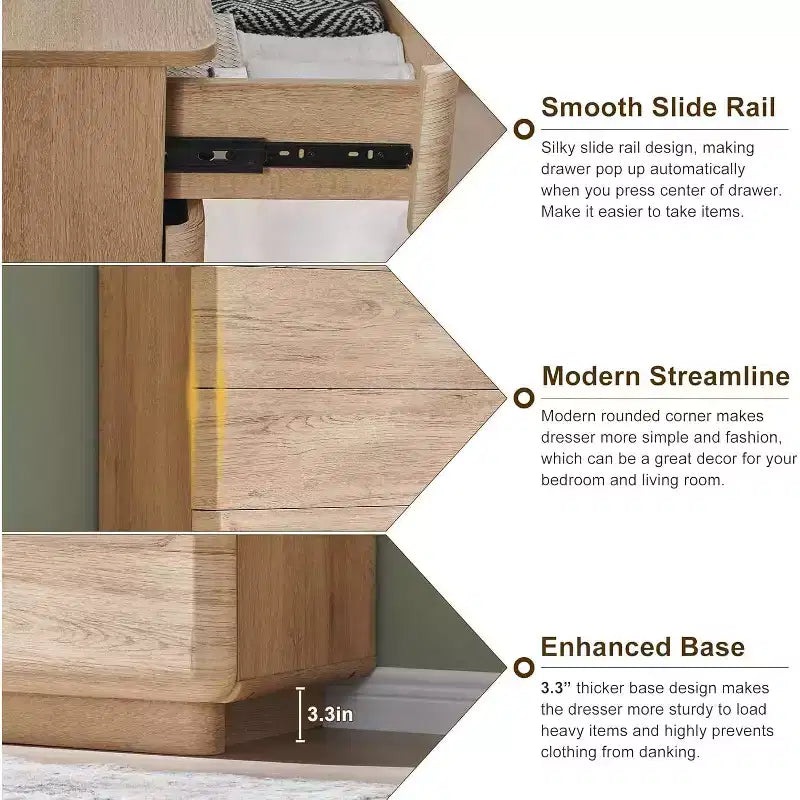 Commode à 9 tiroirs, chiffonnier en bois de 132 cm de large avec grand espace de rangement et design sans poignée, meuble TV moderne et organisateur de rangement
