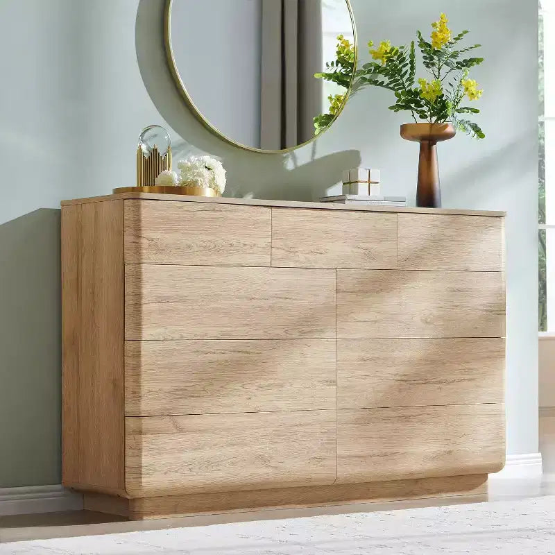 Commode à 9 tiroirs, chiffonnier en bois de 132 cm de large avec grand espace de rangement et design sans poignée, meuble TV moderne et organisateur de rangement