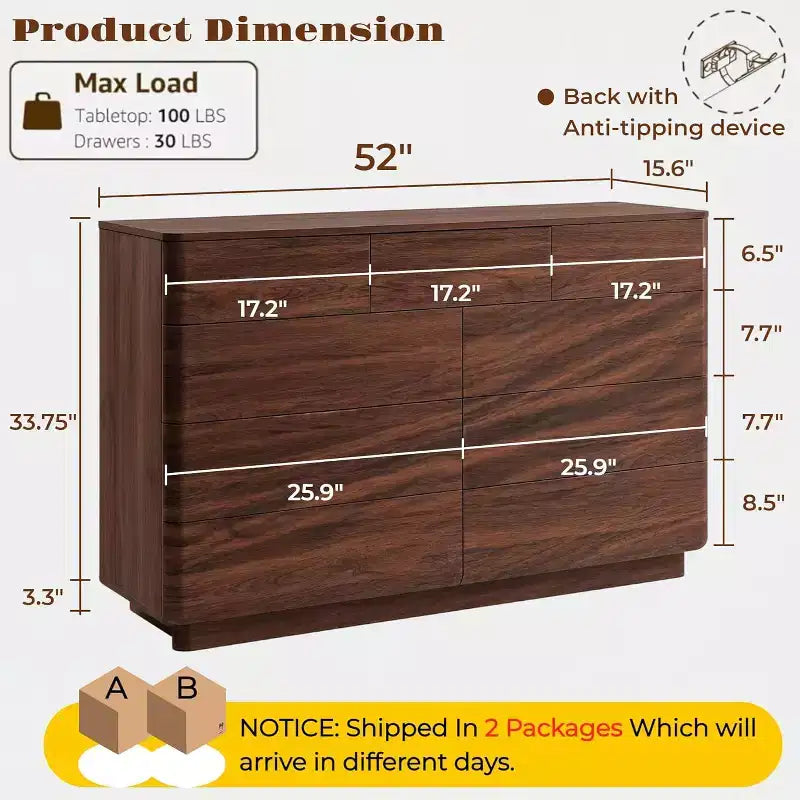 Commode à 9 tiroirs, chiffonnier en bois de 132 cm de large avec grand espace de rangement et design sans poignée, meuble TV moderne et organisateur de rangement