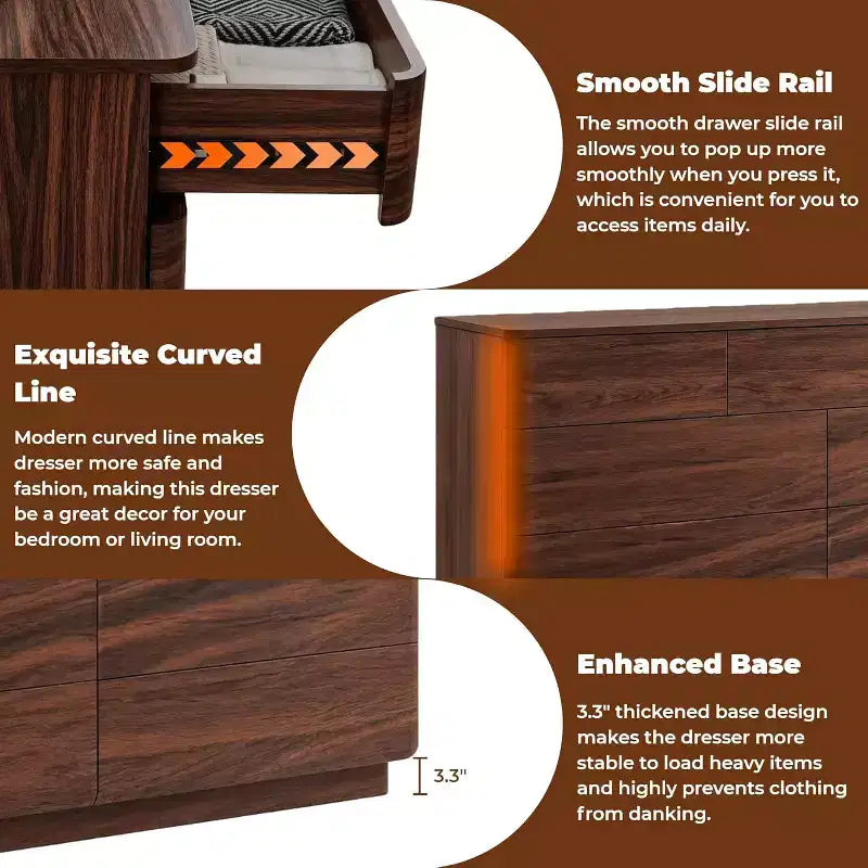 Commode à 9 tiroirs, chiffonnier en bois de 132 cm de large avec grand espace de rangement et design sans poignée, meuble TV moderne et organisateur de rangement