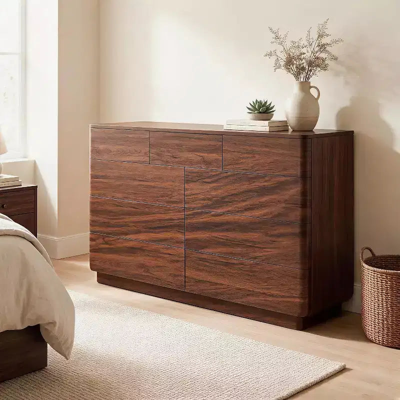 Commode à 9 tiroirs, chiffonnier en bois de 132 cm de large avec grand espace de rangement et design sans poignée, meuble TV moderne et organisateur de rangement