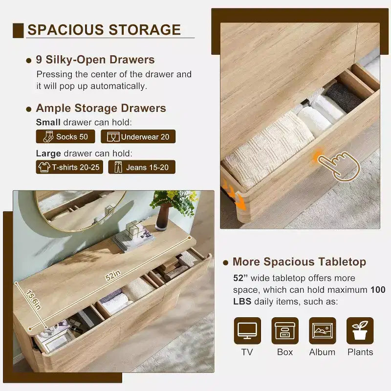 Commode à 9 tiroirs, chiffonnier en bois de 132 cm de large avec grand espace de rangement et design sans poignée, meuble TV moderne et organisateur de rangement