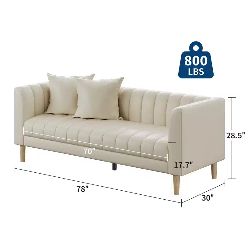 Canapé moderne en similicuir 83, 3 places avec assise profonde et pieds en bois, coussins ergonomiques et 2 coussins décoratifs pour salon, chambre ou appartement