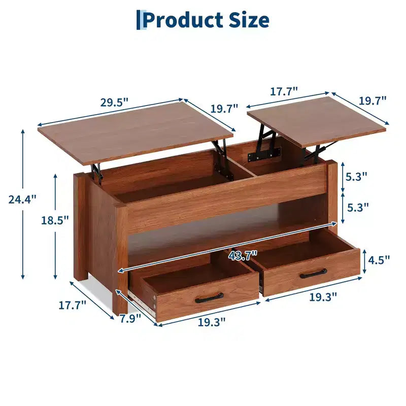Table basse relevable avec 2 tiroirs et rangement caché, table en bois convertible pour salon et bureau à domicile