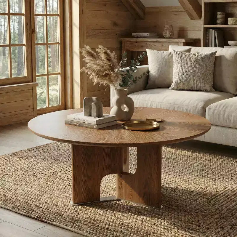 JVNOXK 31.5 Inches Round Rustic Ash Wood Veneer Coffee Table for Small Living Room,Walnut