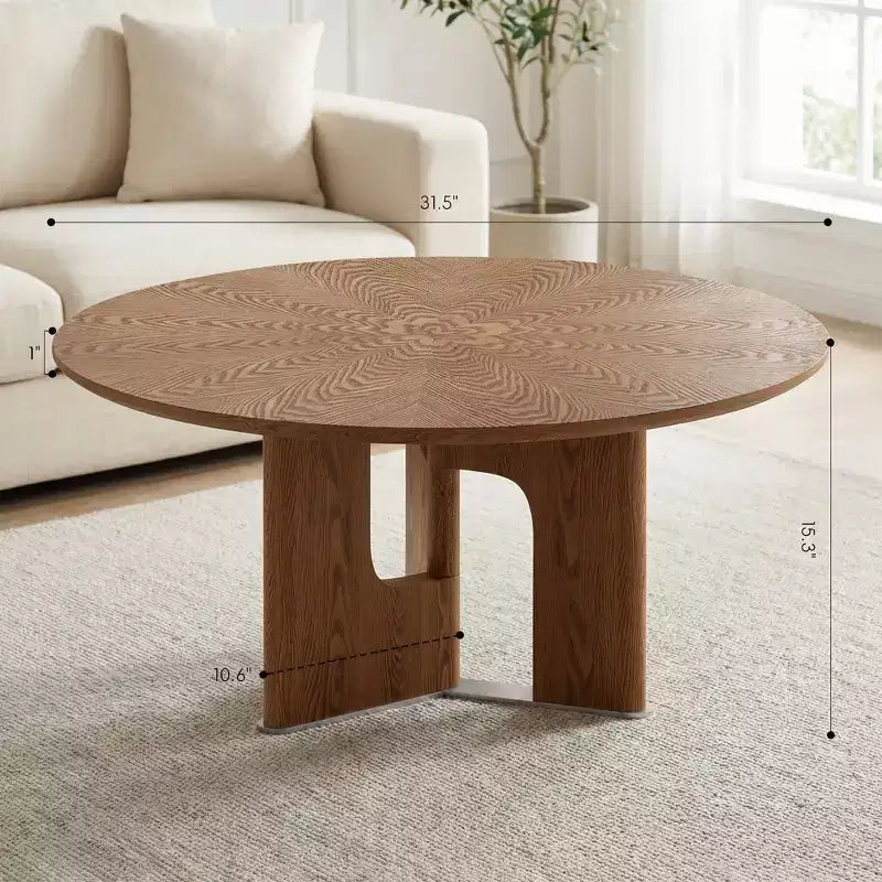 Table basse ronde de 31,5 pouces en placage de frêne rustique pour petit salon, Noyer