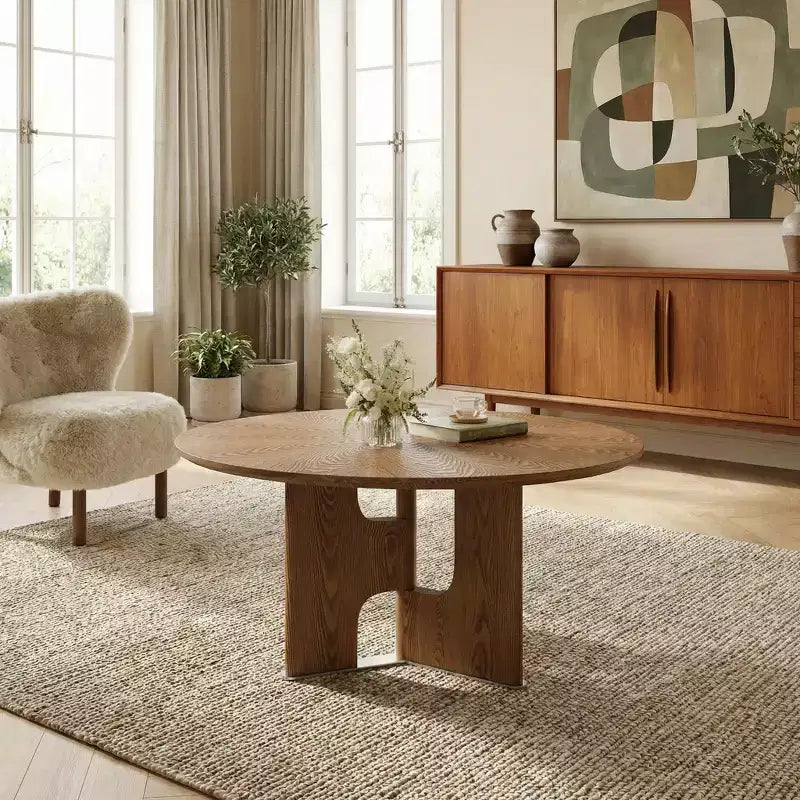 Table basse ronde de 31,5 pouces en placage de frêne rustique pour petit salon, Noyer