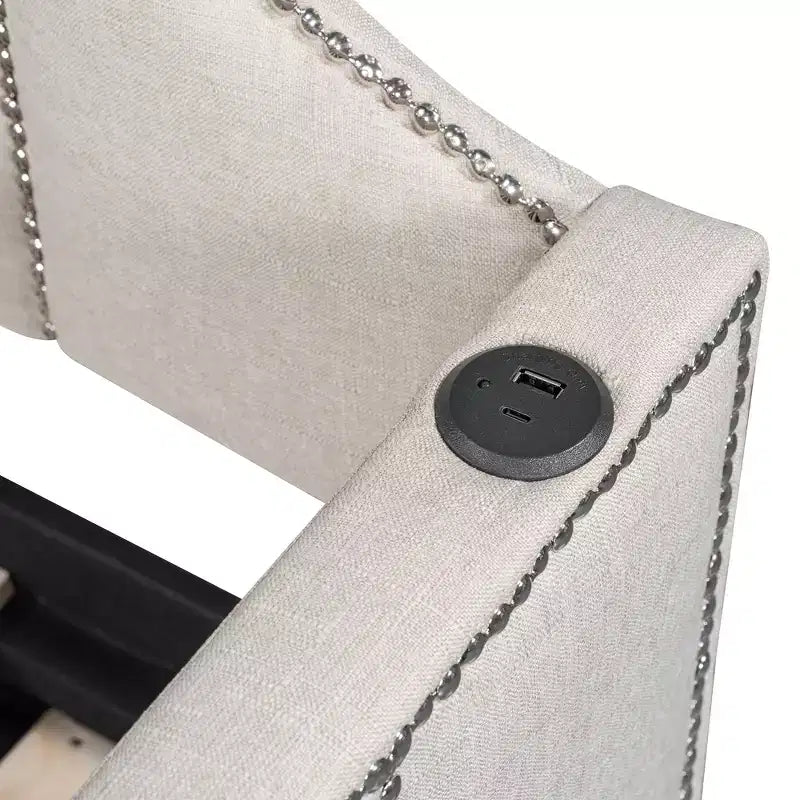 Lit de repos capitonné, taille double à très grand lit, avec lit gigogne relevable et ports de chargement USB, tissu en lin, capacité de 400 lb