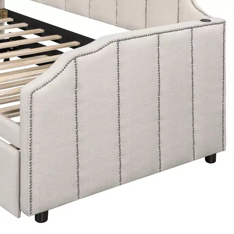 Lit de repos capitonné, taille double à très grand lit, avec lit gigogne relevable et ports de chargement USB, tissu en lin, capacité de 400 lb