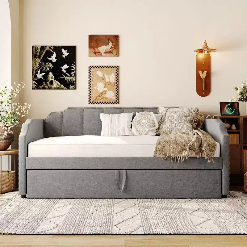 Lit de repos capitonné, taille double à très grand lit, avec lit gigogne relevable et ports de chargement USB, tissu en lin, capacité de 400 lb