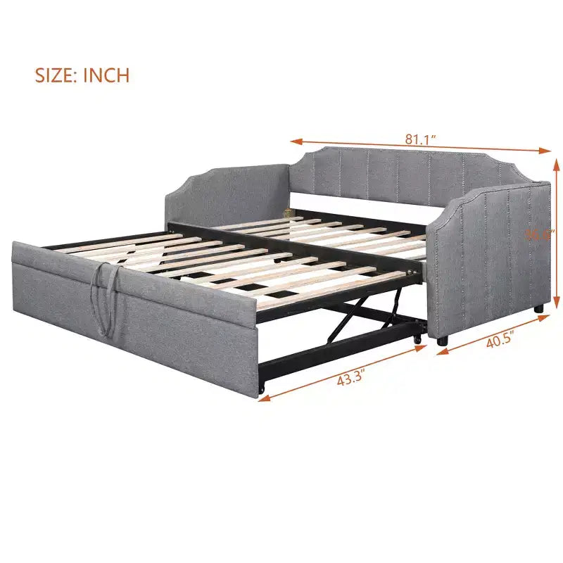 Lit de repos capitonné, taille double à très grand lit, avec lit gigogne relevable et ports de chargement USB, tissu en lin, capacité de 400 lb