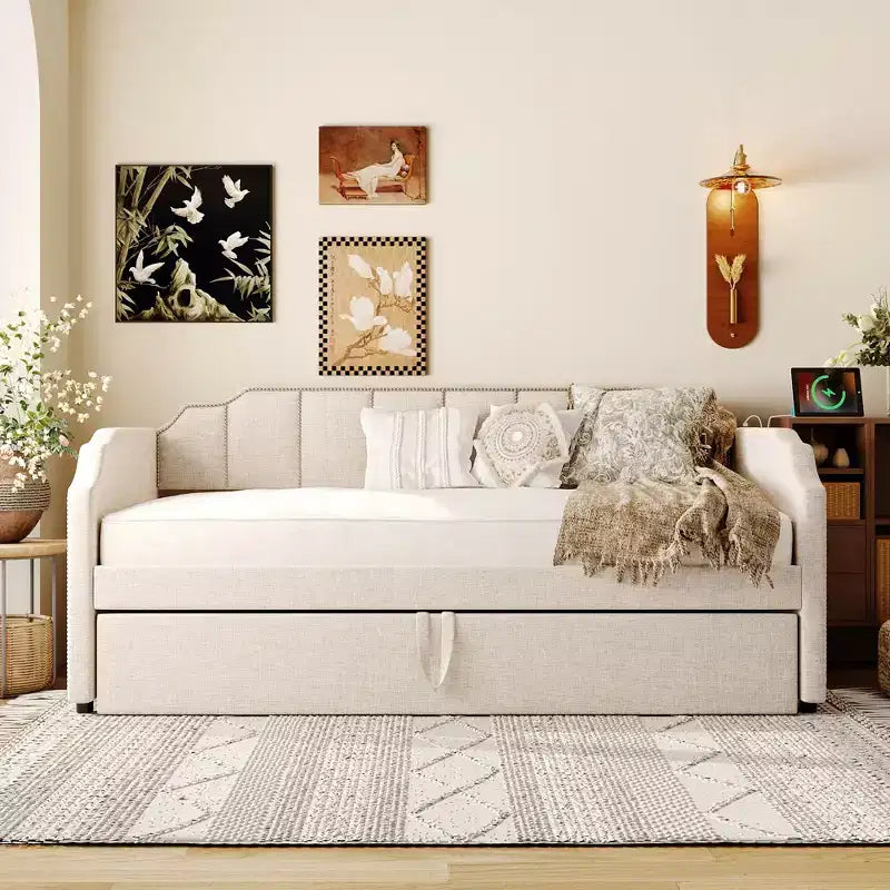 Lit de repos capitonné, taille double à très grand lit, avec lit gigogne relevable et ports de chargement USB, tissu en lin, capacité de 400 lb