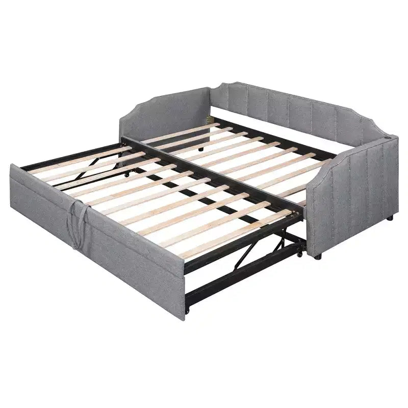 Lit de repos capitonné, taille double à très grand lit, avec lit gigogne relevable et ports de chargement USB, tissu en lin, capacité de 400 lb