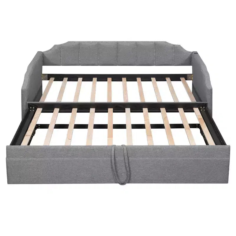 Lit de repos capitonné, taille double à très grand lit, avec lit gigogne relevable et ports de chargement USB, tissu en lin, capacité de 400 lb