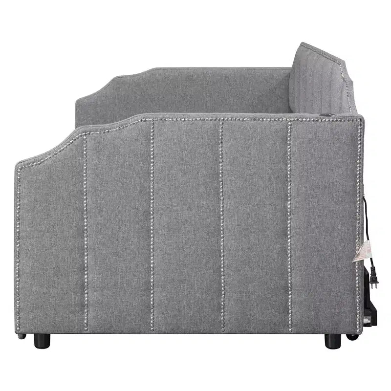 Lit de repos capitonné, taille double à très grand lit, avec lit gigogne relevable et ports de chargement USB, tissu en lin, capacité de 400 lb