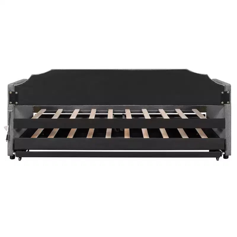 Lit de repos capitonné, taille double à très grand lit, avec lit gigogne relevable et ports de chargement USB, tissu en lin, capacité de 400 lb