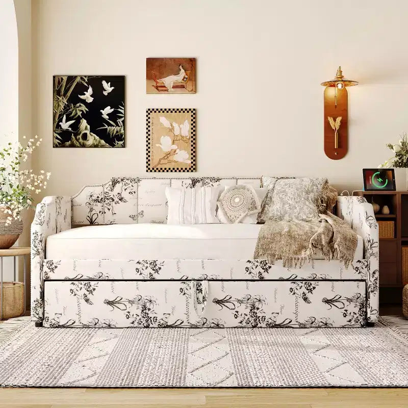 Lit de repos capitonné, taille double à très grand lit, avec lit gigogne relevable et ports de chargement USB, tissu en lin, capacité de 400 lb