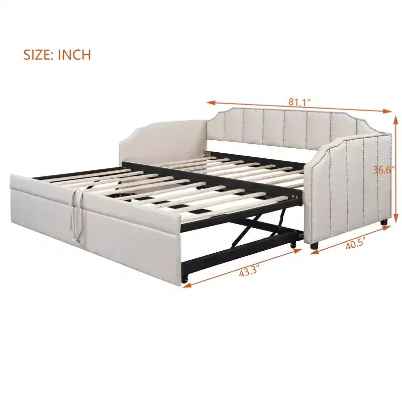 Lit de repos capitonné, taille double à très grand lit, avec lit gigogne relevable et ports de chargement USB, tissu en lin, capacité de 400 lb