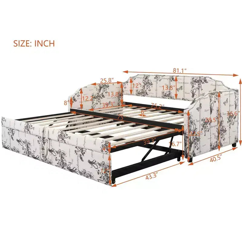 Lit de repos capitonné, taille double à très grand lit, avec lit gigogne relevable et ports de chargement USB, tissu en lin, capacité de 400 lb