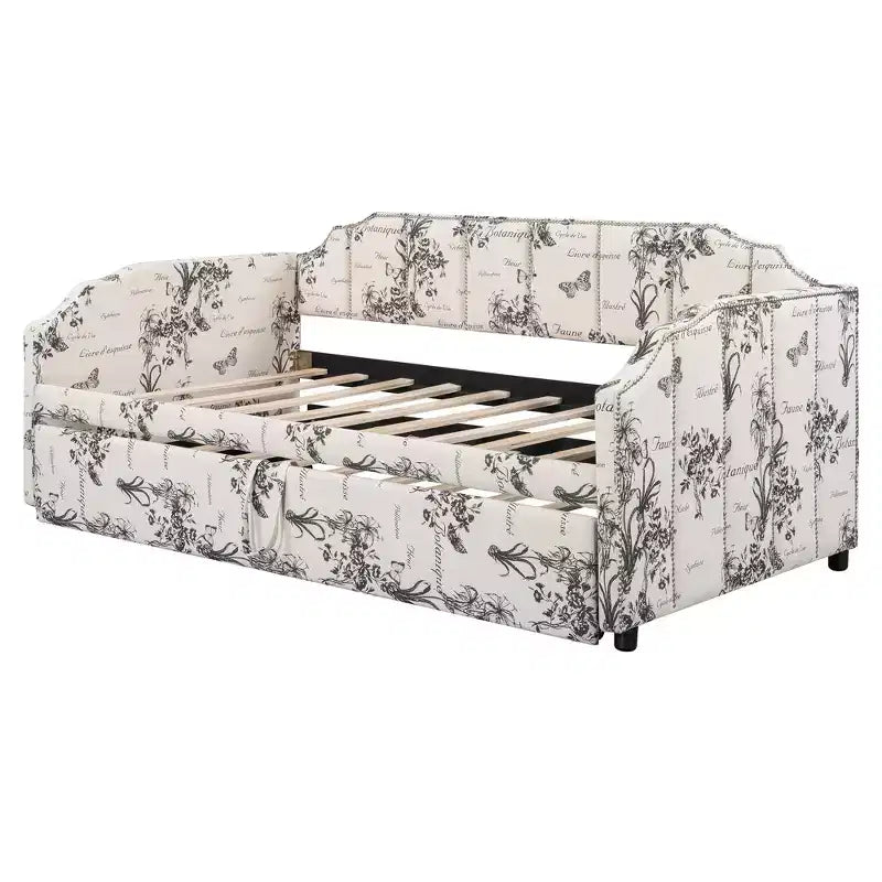 Lit de repos capitonné, taille double à très grand lit, avec lit gigogne relevable et ports de chargement USB, tissu en lin, capacité de 400 lb