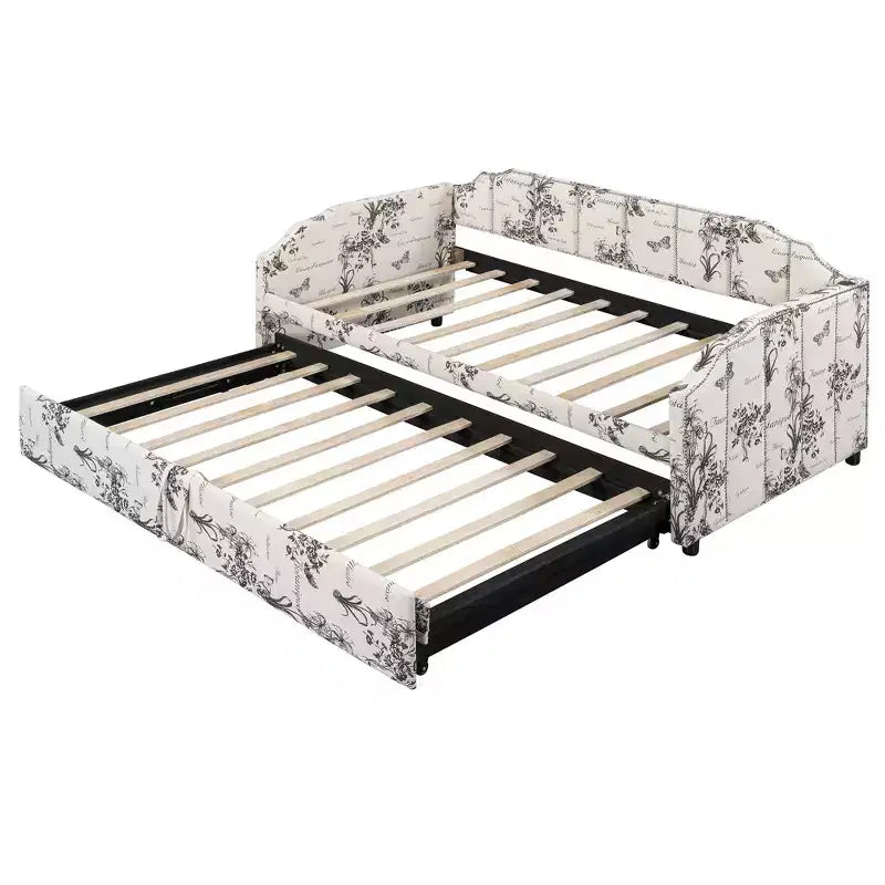 Lit de repos capitonné, taille double à très grand lit, avec lit gigogne relevable et ports de chargement USB, tissu en lin, capacité de 400 lb