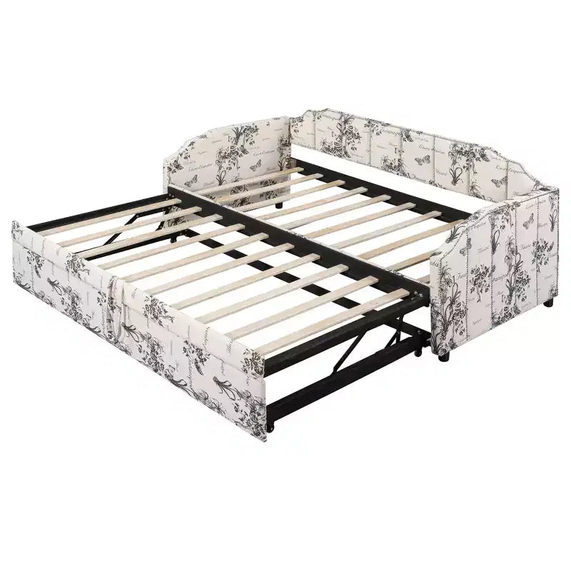 Lit de repos capitonné, taille double à très grand lit, avec lit gigogne relevable et ports de chargement USB, tissu en lin, capacité de 400 lb