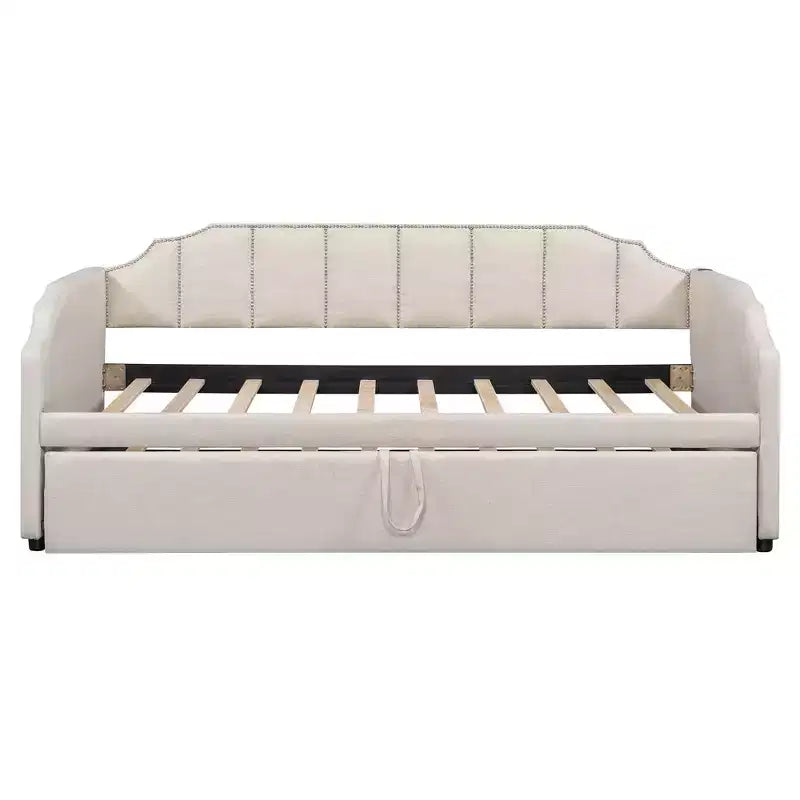 Lit de repos capitonné, taille double à très grand lit, avec lit gigogne relevable et ports de chargement USB, tissu en lin, capacité de 400 lb