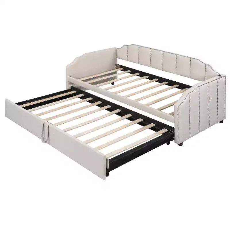 Lit de repos capitonné, taille double à très grand lit, avec lit gigogne relevable et ports de chargement USB, tissu en lin, capacité de 400 lb