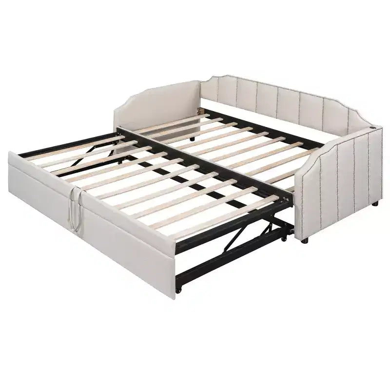 Lit de repos capitonné, taille double à très grand lit, avec lit gigogne relevable et ports de chargement USB, tissu en lin, capacité de 400 lb