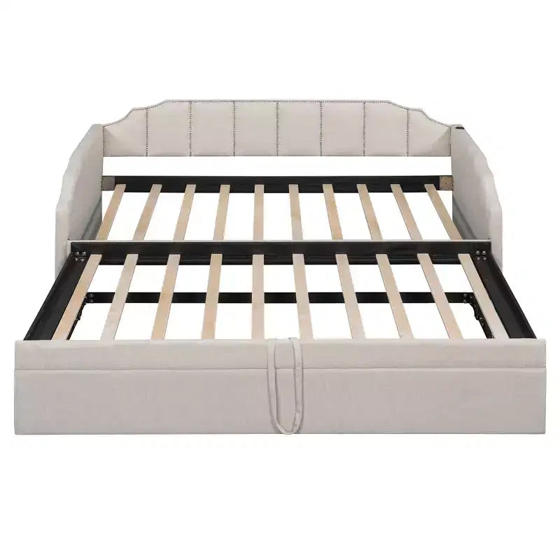 Lit de repos capitonné, taille double à très grand lit, avec lit gigogne relevable et ports de chargement USB, tissu en lin, capacité de 400 lb