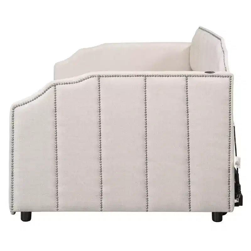 Lit de repos capitonné, taille double à très grand lit, avec lit gigogne relevable et ports de chargement USB, tissu en lin, capacité de 400 lb
