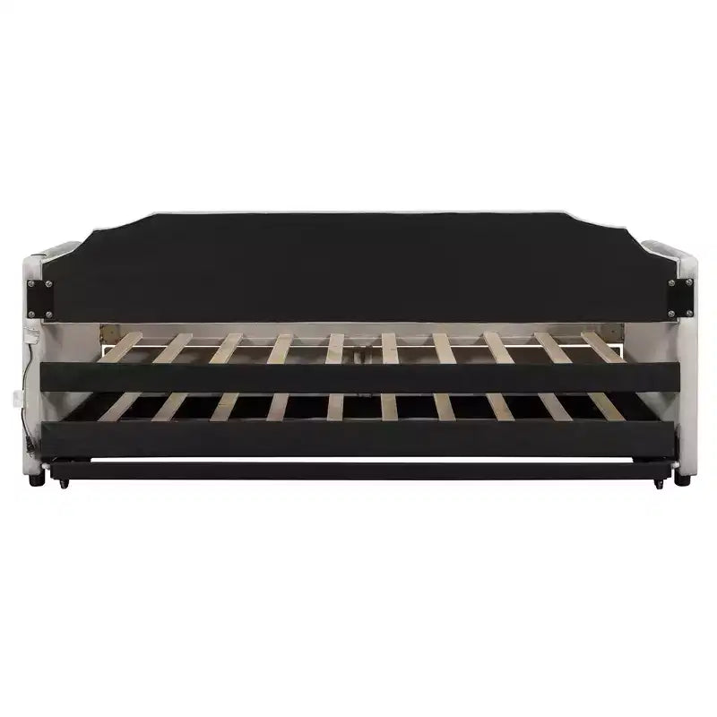 Lit de repos capitonné, taille double à très grand lit, avec lit gigogne relevable et ports de chargement USB, tissu en lin, capacité de 400 lb