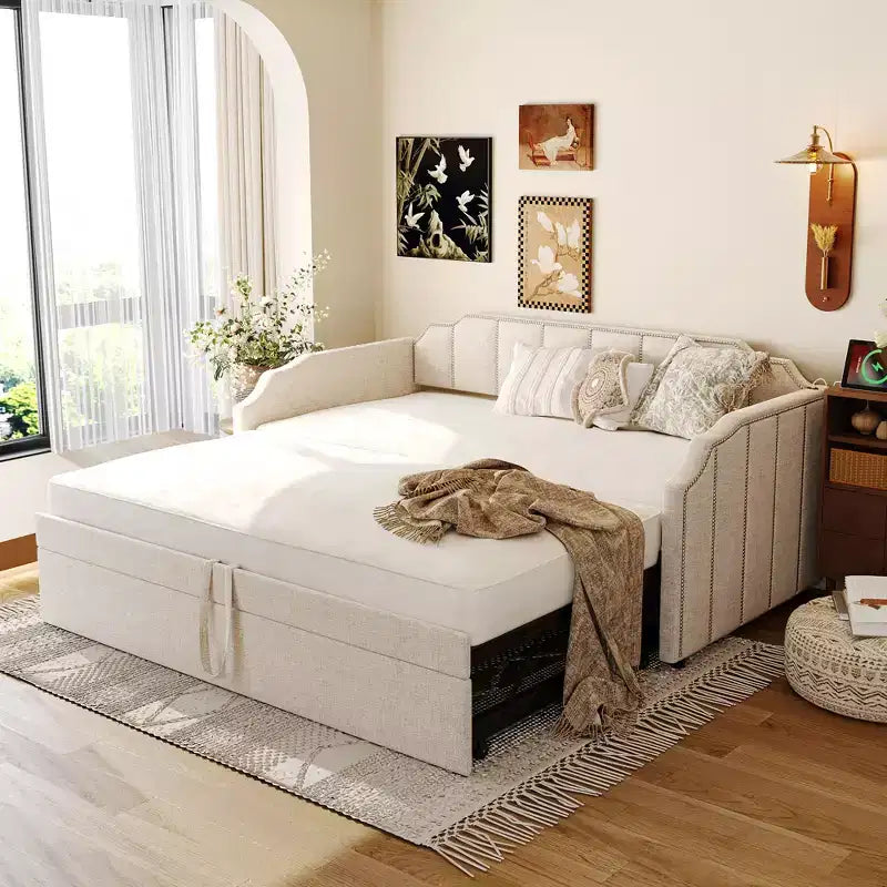 ModernLuxe Twin to King Size Upholstered Daybed with Pop-Up Trundle & USB Charging Ports, Linen Fabric, 400LBS Capacity
