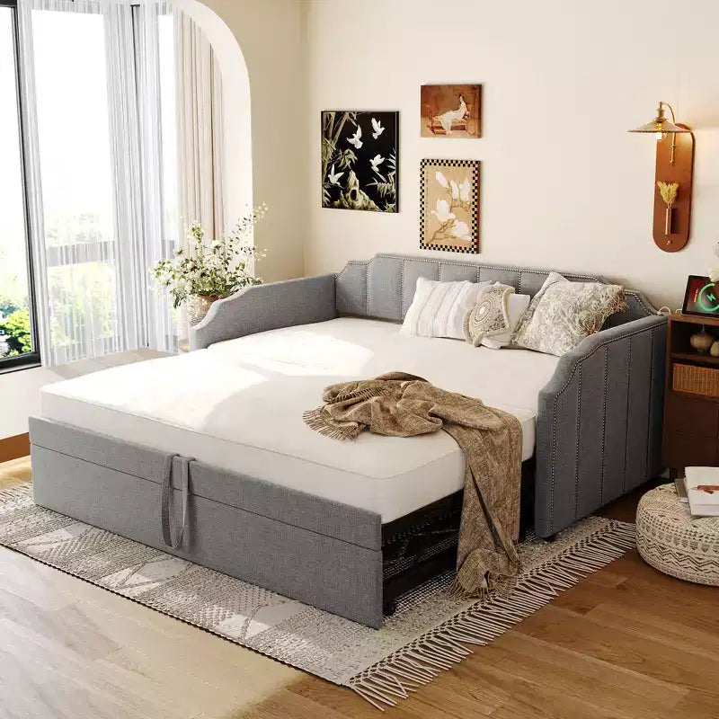 Lit de repos capitonné, taille double à très grand lit, avec lit gigogne relevable et ports de chargement USB, tissu en lin, capacité de 400 lb