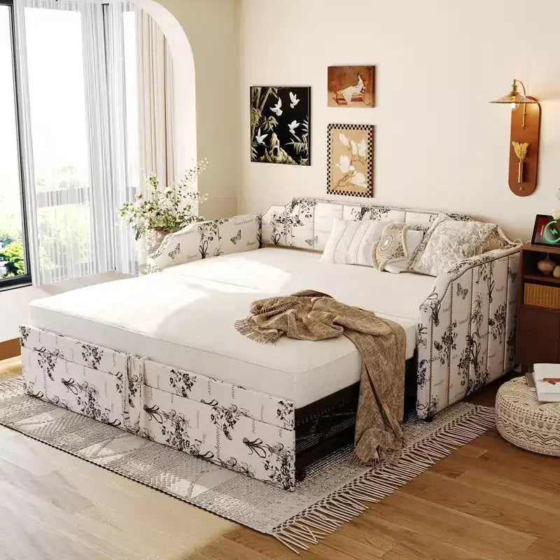 Lit de repos capitonné, taille double à très grand lit, avec lit gigogne relevable et ports de chargement USB, tissu en lin, capacité de 400 lb