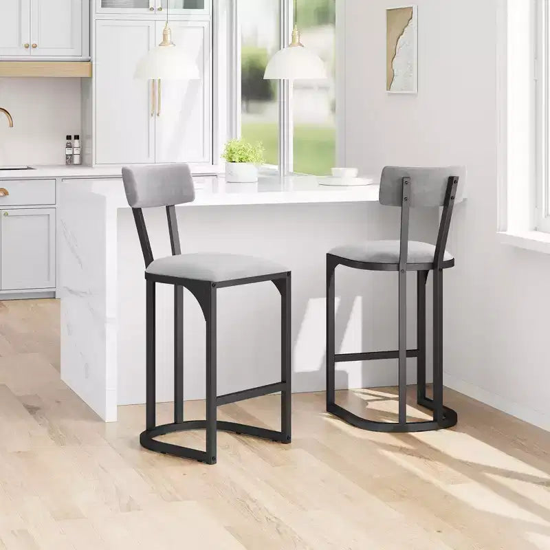 Set of 2 Suede Counter Height Bar Stools with Backrest - Mid-Century Modern Upholstered Stools with U-Shaped Metal Legs for Kitchen Island