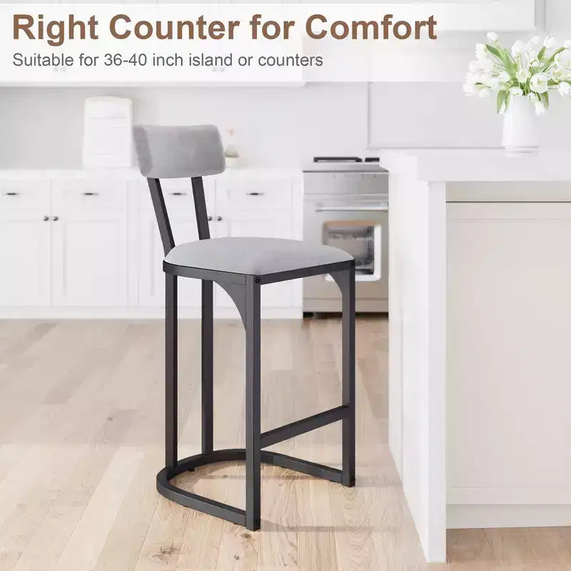 Lot de 2 tabourets de bar à hauteur de comptoir en suède avec dossier - Tabourets rembourrés de style moderne du milieu du siècle avec pieds en métal en forme de U pour îlot de cuisine